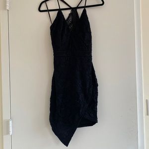 Assymetrical flower printed lace black dress